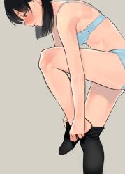 Rule 34 | 1girl, absurdres, black pantyhose, blue bra, blue panties, bra, breasts, dressing, feet, highres, leaning forward, lips, looking down, midriff, no shoes, original, panties, pantyhose, short twintails, small breasts, standing, standing on one leg, stomach, twintails, underwear, underwear only, yomu (sgt epper)