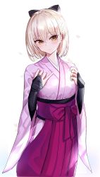 Rule 34 | 1girl, arm guards, bad id, bad twitter id, black bow, blonde hair, blush, bow, closed mouth, fate (series), feet out of frame, hair bow, hakama, hakama skirt, hanasaka houcha, hands on own chest, highres, hip vent, japanese clothes, kimono, koha-ace, long sleeves, looking at viewer, okita souji (fate), okita souji (koha-ace), petals, pink hakama, pink kimono, short hair, simple background, skirt, smile, solo, standing, white background, wide sleeves, yellow eyes