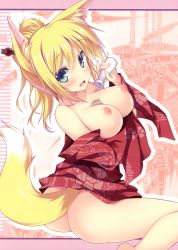 Rule 34 | 10s, 1girl, :d, absurdres, alcohol, animal ears, blonde hair, blue eyes, bottomless, breasts, breasts out, bust cup, dog days, fang, fox ears, fox tail, highres, japanese clothes, kimono, large breasts, nipples, no bra, no panties, open mouth, sake, sitting, smile, solo, tail, tateha (marvelous grace), wariza, yukikaze panettone