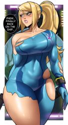 Rule 34 | 1girl, blonde hair, blue eyes, bodysuit, breasts, echo saber, english text, facing viewer, highres, large breasts, looking to the side, metroid, mole, mole under mouth, nintendo, ponytail, samus aran, solo, thick thighs, thighs, torn bodysuit, torn clothes, wide hips, zero suit