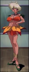 1990s (style), 1girl, absurdres, bare arms, bare legs, bare shoulders, breasts, dark skin, dark skinned female, flower skirt, full body, green hair, highres, jungle de ikou, jungle girl, large breasts, looking at viewer, mii (jungle de ikou), pose, retro artstyle, screencap, screencapstitching, skull necklace, smile, solo, standing, stitched, tan, tan skin, third-party edit