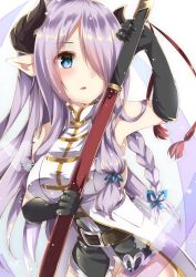 Rule 34 | 10s, 1girl, :o, absurdres, amane tari, armlet, bad id, bad pixiv id, black gloves, blue eyes, blue ribbon, blush, braid, breasts, butterfly hair ornament, coat, cowboy shot, draph, elbow gloves, female focus, gem, gloves, granblue fantasy, hair ornament, hair over one eye, highres, holding, holding weapon, huge weapon, iron 2y, jewelry, large breasts, light purple hair, long hair, narmaya (granblue fantasy), open mouth, oversized object, pointy ears, polearm, ribbon, blue gemstone, simple background, single braid, solo, standing, very long hair, weapon, white background