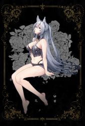 Rule 34 | 1girl, 846neun, animal ears, bare shoulders, barefoot, blue eyes, bra, breasts, bustier, cleavage, collar, flower, full body, grey hair, heterochromia, highres, lace, lace-trimmed bra, lace trim, large breasts, long hair, looking at viewer, medium breasts, petals, ponytail, purple eyes, shorts, sirius (warship girls r), sitting, solo, star (symbol), underwear, very long hair, warship girls r, zipper pull tab