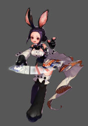 Rule 34 | 1girl, absurdres, animal ears, animal hands, black hair, bow, bowtie, breasts, buck teeth, clothing cutout, dealer ilonje (dungeon and fighter), dungeon and fighter, full body, grey background, highres, index finger raised, keto cactus, large breasts, official art, open mouth, purple hair, rabbit ears, red eyes, short hair, solo, teeth, wrist cuffs