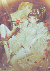 Rule 34 | 1boy, 1girl, blonde hair, blue eyes, bracelet, breasts, brown hair, cleavage, clothing cutout, couple, dice, dress, earrings, elbow gloves, closed eyes, flower, garter straps, gloves, hakkaku hailey, hand in another&#039;s hair, high heels, highres, holding, holding flower, jewelry, kiss, kissing hair, lace, long hair, looking to the side, original, puffy sleeves, ring, robe, rose, smile, thighhighs