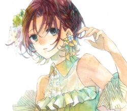 Rule 34 | 1girl, asakura toru, bare shoulders, blue eyes, blue hair, blue nails, braid, center frills, collared shirt, commentary request, detached sleeves, earrings, flower, flower earrings, french braid, frills, hair flower, hair ornament, highres, idolmaster, idolmaster shiny colors, jewelry, ji n gu, multicolored hair, nail polish, painting (medium), parted lips, purple hair, shirt, short hair, sleeveless, sleeveless shirt, solo, traditional media, two-tone hair, watercolor (medium), white background