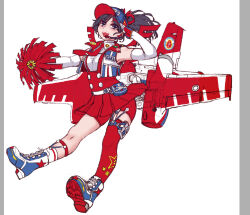 Rule 34 | 1girl, airplane wing, asymmetrical legwear, baseball cap, black hair, blue eyes, cheerleader, elbow gloves, gloves, hat, holding, looking at viewer, mecha musume, mismatched legwear, open mouth, original, people&#039;s republic of china flag, personification, pom pom (cheerleading), ponytail, red skirt, single thighhigh, skirt, smile, socks, solo, thighhighs, white background, z.s.w.