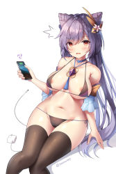 Rule 34 | 1girl, absurdres, areola slip, artist name, bare shoulders, bikini, black thighhighs, blush, breasts, cone hair bun, electro (genshin impact), genshin impact, groin, hair bun, hair ornament, highres, holding, jewelry, keqing (genshin impact), long hair, looking at viewer, medium breasts, navel, necklace, purple eyes, purple hair, simple background, sitting, sob (submar1089), solo, stomach, string bikini, swimsuit, thighhighs, twintails, vision (genshin impact), white background