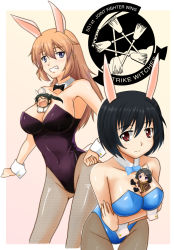 Rule 34 | 10s, 4girls, animal ears, between breasts, black hair, blue eyes, brave witches, breasts, brown hair, charlotte e. yeager, chibi, cleavage, coat, fake animal ears, fishnet pantyhose, fishnets, francesca lucchini, kanno naoe, kazukin, leotard, long hair, mini person, minigirl, multiple girls, pantyhose, person between breasts, playboy bunny, rabbit ears, red eyes, shimohara sadako, short hair, strike witches, thigh gap, thighs, world witches series