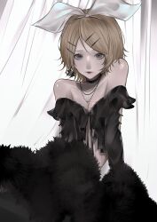 Rule 34 | 1girl, absurdres, black choker, black shirt, blonde hair, bow, breasts, choker, cleavage, grey eyes, hair ornament, hairband, hairclip, highres, jewelry, kagamine rin, looking at viewer, mano aaa, necklace, off shoulder, shirt, short hair, small breasts, solo, vocaloid, white bow
