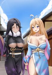 Rule 34 | 2girls, :d, ^ ^, absurdres, antenna hair, bell, black hair, black sash, blonde hair, blue eyes, blue kimono, blue sky, blush, breasts, closed eyes, cloud, commentary, commission, cowboy shot, dark skin, day, grin, highres, holding hands, japanese clothes, jingle bell, kimono, large breasts, long hair, multiple girls, obi, open mouth, original, panic (panic0w), sash, side slit, sky, smile, standing, thighs, very long hair, white sash
