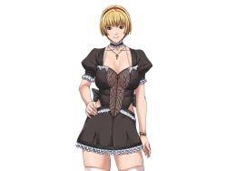 Rule 34 | 10s, 1girl, blonde hair, blue eyes, breasts, choker, cross, cross necklace, dress, female focus, game cg, hairband, hand on own hip, jewelry, large breasts, legs, looking at viewer, mamiya marisa, necklace, sei shoujo, short hair, skirt, solo, standing, starless, thighhighs, thighs, transparent background, white background, white thighhighs, will (company), zettai ryouiki