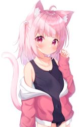 Rule 34 | 1girl, ahoge, animal ear fluff, animal ears, blue one-piece swimsuit, blunt bangs, blush, cat ears, cat girl, cat tail, closed mouth, collarbone, covered navel, cowboy shot, hair ornament, hairpin, hand up, highres, hood, hood down, hoodie, looking at viewer, matchanear, medium hair, off shoulder, old school swimsuit, one-piece swimsuit, open clothes, open hoodie, original, pink eyes, pink hair, pink hoodie, school swimsuit, simple background, solo, standing, swimsuit, tail, tail raised, thighs, two side up, white background
