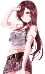 Rule 34 | 1girl, arm up, bad id, bad pixiv id, bare shoulders, belt, belt buckle, black belt, blush, brown eyes, brown hair, brown skirt, buckle, commentary request, fingernails, hair between eyes, highres, idolmaster, idolmaster shiny colors, long hair, looking at viewer, midriff, misumi (macaroni), navel, osaki amana, parted lips, print skirt, see-through, shirt, simple background, skirt, solo, very long hair, wet, wet clothes, wet shirt, white background, white shirt