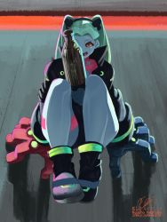 Rule 34 | 1girl, arm support, artificial eye, between legs, black footwear, black jacket, bottle, collarbone, colored sclera, colored skin, commentary, cyberpunk (series), cyberpunk edgerunners, dated, david martinez, english commentary, fewer digits, green hair, highres, jacket, leg tattoo, long hair, looking at viewer, mechanical eye, mechanical hands, neck tattoo, open mouth, outdoors, petite, rebecca (cyberpunk), red sclera, ryusho hashida, samurai jacket (cyberpunk), shiny skin, signature, solo, tattoo, twintails, white skin, wide hips