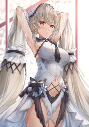 Rule 34 | 1girl, armpits, arms behind head, arms up, azur lane, bare shoulders, black neckerchief, blush, bow, breasts, chahei, choker, closed mouth, clothing cutout, commentary, cowboy shot, day, dress, dress bow, feather dress, formidable (azur lane), formidable (timeless classics) (azur lane), grey hair, hair between eyes, hair ornament, hair tubes, highres, indoors, large breasts, long hair, looking at viewer, navel, navel cutout, neckerchief, official alternate costume, red eyes, sailor collar, sidelocks, solo, standing, twintails, veil, very long hair, white dress