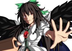 Rule 34 | 1girl, arm cannon, bad id, bad pixiv id, black hair, bow, cape, hair bow, long hair, outstretched arm, red eyes, reiuji utsuho, serious, solo, star (sky), tell (teruhisa428), third eye, touhou, weapon, wings