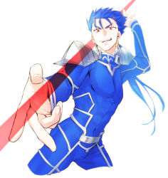 Rule 34 | 1boy, absurdres, armor, blue hair, bodysuit, bulge, cu chulainn (fate), earrings, fate/stay night, fate (series), foreshortening, gae bolg (fate), grin, highres, holding, holding polearm, holding weapon, jewelry, cu chulainn (fate/stay night), long hair, looking down, male focus, muscular, namo, open mouth, pauldrons, pectorals, polearm, ponytail, red eyes, shoulder armor, simple background, skin tight, smile, solo, spiked hair, type-moon, weapon, white background
