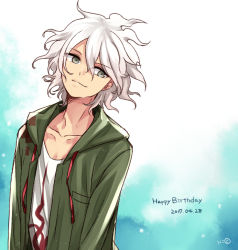 Rule 34 | 1boy, closed mouth, collarbone, commentary request, danganronpa (series), danganronpa 2: goodbye despair, dated, gradient background, green jacket, grey eyes, hair between eyes, happy birthday, jacket, komaeda nagito, long sleeves, looking at viewer, male focus, messy hair, multicolored background, nico (nico alice), open clothes, open jacket, shirt, smile, solo, upper body, white hair