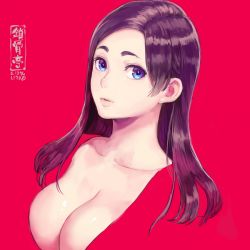 Rule 34 | 1girl, artist logo, blue eyes, breasts, cleavage, closed mouth, collarbone, dutch angle, large breasts, light smile, looking at viewer, multicolored eyes, original, purple eyes, purple hair, red background, shu-mai, simple background, solo, upper body