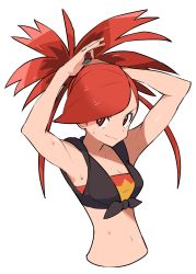 Rule 34 | 1girl, absurdres, armpits, arms behind head, arms up, breasts, cleavage, creatures (company), cropped torso, flannery (pokemon), game freak, gym leader, highres, jikatarou, long hair, looking at viewer, medium breasts, midriff, navel, nintendo, pokemon, pokemon oras, ponytail, red eyes, red hair, simple background, smile, solo, swept bangs, white background
