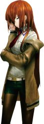 Rule 34 | 1girl, black shorts, breasts, brown hair, huke, long hair, makise kurisu, necktie, official art, pantyhose, pantyhose under shorts, red necktie, shirt, shorts, simple background, small breasts, solo, steins;gate, white background, white shirt