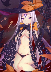 Rule 34 | 1girl, abigail williams (fate), abigail williams (third ascension) (fate), absurdres, antiqq, black bow, black hat, black panties, blush, bow, breasts, commentary request, fate/grand order, fate (series), glowing, hat, highres, holding, holding key, key, long hair, looking at viewer, medium breasts, navel, orange bow, oversized object, panties, parted bangs, parted lips, purple eyes, revealing clothes, sitting, solo, topless, underwear, underwear only, very long hair, witch hat