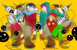 Rule 34 | 2boys, 2girls, aqua hair, blue hair, blue scarf, boots, brown footwear, brown gloves, chalk, cross-laced footwear, eye contact, facial mark, gloves, green eyes, green hair, green legwear, gumi, hands on own face, hatsune miku, headphones, highres, hood, hoodie, kaito (vocaloid), kamui gakupo, lace-up boots, looking at another, matryoshka (vocaloid), multicolored eyes, multiple boys, multiple girls, orange background, pointing, purple eyes, purple hair, red legwear, scarf, symmetry, thighhighs, toma &#039;3&#039;, vocaloid