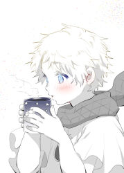 Rule 34 | 1boy, blowing, blue eyes, blush, bright pupils, coffee mug, cup, eyelashes, fate/grand order, fate (series), fingernails, fuji cak, holding, holding cup, male focus, mug, open mouth, scarf, short hair, short sleeves, solo, steam, upper body, voyager (fate), white pupils