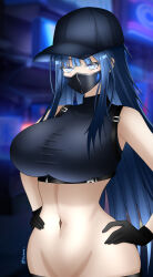 Rule 34 | 1girl, baseball cap, blue archive, blue eyes, blue hair, breasts, crop top, face mask, faihara, gloves, hat, highres, large breasts, mask, midriff, saori (blue archive)