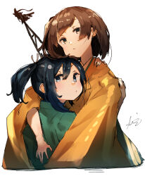 Rule 34 | 2girls, black hair, brown eyes, brown hair, green eyes, green kimono, highres, hiryuu (kancolle), japanese clothes, kantai collection, kimono, long hair, looking at viewer, mast, multiple girls, short hair, signature, simple background, souryuu (kancolle), sunday aki, twintails, upper body, white background