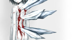 Rule 34 | 1girl, ao usagi, back, bleeding, blood, blood in mouth, breasts, cirno, from behind, gradient background, grey background, guro, ice, injury, joke, nude, parted lips, short hair, solo, spot color, stab, touhou, wings
