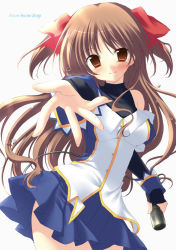 Rule 34 | 1girl, blush, brown eyes, brown hair, cable, female focus, microphone, natsuki coco, ogata rina, outstretched arm, outstretched hand, reaching, skirt, smile, solo, tears, white album, white album (series), white background