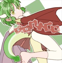 Rule 34 | 1girl, ass, barefoot, closed mouth, draco centauros, dragon girl, dragon horns, dragon tail, dragon wings, gloves, green hair, horns, leg up, leggings, lowres, madou monogatari, puyopuyo, red wings, short hair, sicky (pit-bull), solo, tail, white gloves, white horns, white leggings, wings, yellow eyes