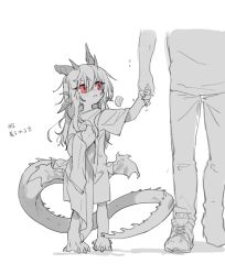 Rule 34 | ..., 1boy, 1girl, child, claws, dragon girl, dragon horns, dragon tail, holding hands, horns, low wings, messy hair, monochrome, monster girl, mullmull02, original, oversized clothes, oversized shirt, red eyes, shirt, spoken ellipsis, spot color, standing, tail, wings