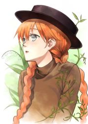 Rule 34 | 1girl, anne of green gables, anne shirley, bad id, bad pixiv id, black hat, braid, flower, grey eyes, hat, lily of the valley, nippon animation, orange hair, solo, tonykun, twin braids, upper body, world masterpiece theater