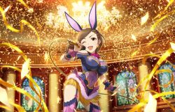Rule 34 | 10s, 1girl, ;d, animal ears, bodysuit, braid, breasts, brown eyes, brown hair, rabbit ears, clothing cutout, confetti, detached sleeves, earrings, fake animal ears, feathers, french braid, fur, garter straps, gold, hyodo rena, idol, idolmaster, idolmaster cinderella girls, idolmaster cinderella girls starlight stage, jewelry, jpeg artifacts, large breasts, long hair, microphone, music, official art, one eye closed, open mouth, shoulder cutout, singing, smile, solo, sparkle, stage, thighhighs