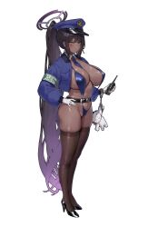 Rule 34 | 1girl, alternate costume, belt, black footwear, black hair, black thighhighs, blue archive, blue hat, blue jacket, blue slingshot swimsuit, blush, breasts, chochomi, closed mouth, crop top, cropped jacket, cuffs, dark-skinned female, dark skin, doodle sensei (blue archive), full body, gloves, gradient hair, halo, hand on own hip, handcuffs, hat, high heels, highres, jacket, karin (blue archive), large breasts, long hair, long sleeves, looking at viewer, multicolored hair, navel, open clothes, open jacket, peaked cap, police, police hat, police uniform, policewoman, ponytail, purple hair, purple halo, sensei (blue archive), simple background, slingshot swimsuit, solo, standing, strap gap, swimsuit, swimsuit under clothes, thighhighs, uniform, very long hair, white background, white gloves, yellow eyes