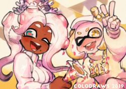 Rule 34 | + +, 2girls, absurdres, alternate hair color, aqua eyes, artist name, cephalopod eyes, colo (nagrolaz), dark-skinned female, dark skin, dated, film grain, gold necklace, hat, highres, huge filesize, inkling, jewelry, long hair, long sleeves, looking at viewer, marina (splatoon), mole, mole under mouth, multiple girls, necklace, new year, nintendo, octoling, one eye closed, open mouth, party hat, party popper, pearl (splatoon), pink pupils, puffy sleeves, ribbed sweater, ring, smile, sparkle, splatoon (series), splatoon 2, suction cups, sweater, tentacle hair, upper body, white hair, white sweater, yellow eyes