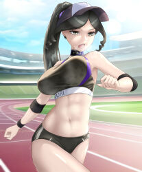 Rule 34 | 1girl, abs, baseball cap, black buruma, black eyes, black hair, black tank top, black wristband, blue choker, bouncing breasts, breasts, buruma, character name, choker, clenched hands, clothes writing, commentary, contemporary, crop top, curly hair, day, elbow sleeve, english commentary, hat, heavy breathing, high ponytail, kuroko (29243086), large breasts, long hair, navel, open mouth, outdoors, overlord (maruyama), ponytail, running, running track, slit pupils, solo, sports bra, stomach, sweat, tank top, teeth, track and field, track uniform, upper teeth only, wet, wet clothes, yuri alpha