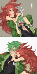 Rule 34 | 1boy, 1girl, absurdres, camouflage, dandruff, dog tags, flaky (happy tree friends), flippy (happy tree friends), green eyes, green hair, happy tree friends, height difference, highres, kab00m chuck, long hair, military, military uniform, personification, red eyes, red hair, scissors, short hair, uniform