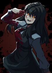 Rule 34 | 1girl, absurdres, aneurysm ax, black hair, black ribbon, blood, blood on clothes, blood on face, blood on hands, blood splatter, chainsaw man, cross scar, dark background, dress, facial scar, highres, long hair, looking at viewer, open mouth, pinafore dress, ribbon, ringed eyes, scar, scar on cheek, scar on face, sleeveless, sleeveless dress, smile, solo, yellow eyes, yoru (chainsaw man)