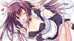 Rule 34 | 10s, 1girl, absolute duo, animal ears, blush, bow, bowtie, breasts, cleavage, detached collar, double v, end card, female focus, high heels, highres, large breasts, long hair, maid, maid headdress, open mouth, pink thighhighs, purple eyes, purple hair, rabbit ears, ryouka (suzuya), smile, solo, thighhighs, tsukimi rito, v, wrist cuffs