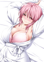 Rule 34 | 1girl, armpits, arms up, bed sheet, blush, bra, breasts, cleavage, collarbone, commentary request, hair between eyes, highres, large breasts, long sleeves, looking at viewer, lying, no headwear, nori tamago, nose blush, on back, pink bra, pink hair, red eyes, robe, saigyouji yuyuko, sash, short hair, solo, sweat, touhou, underwear, upper body, white robe, white sash, wide sleeves