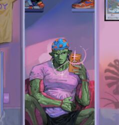 Rule 34 | 1boy, black shorts, cellphone, colored skin, commentary, dragon ball, durag, english commentary, full-length mirror, green skin, highres, holding, holding phone, indoors, male focus, mirror, momopatchi, namekian, phone, piccolo, purple shirt, selfie, shirt, shoes, short sleeves, shorts, sitting, smartphone, solo, unworn shoes