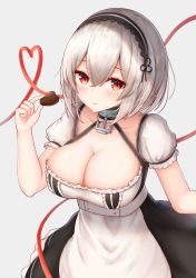 Rule 34 | 1girl, anchor choker, apron, azur lane, black dress, blush, breasts, candy, chocolate, chocolate heart, cleavage, closed mouth, cowboy shot, dress, food, grey background, hair between eyes, hairband, heart, heart of string, jori, large breasts, looking at viewer, maid, maid apron, red eyes, ribbon, short hair, short sleeves, silver hair, simple background, sirius (azur lane), solo, valentine