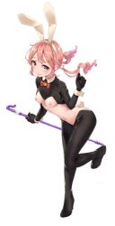 Rule 34 | 1girl, animal ears, black gloves, black legwear, blush, breasts, brown eyes, cane, closed mouth, commentary request, fake animal ears, female pubic hair, full body, funyariko, gloves, hair bobbles, hair ornament, hairband, hairclip, highres, holding, long hair, looking at viewer, meme attire, mole, mole under eye, navel, nipples, original, parted bangs, pink hair, pubic hair, rabbit ears, reverse bunnysuit, reverse outfit, ringlets, simple background, small breasts, smile, solo, standing, standing on one leg, twintails, white background, white hairband, wrist cuffs