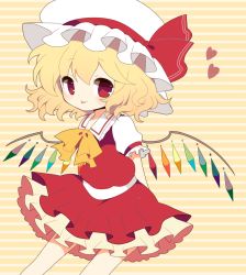 Rule 34 | 1girl, alternate hairstyle, arms behind back, bad id, bad pixiv id, blonde hair, bow, female focus, flandre scarlet, haru (kyou), hat, hat ribbon, heart, red eyes, ribbon, shirt, short hair, skirt, skirt set, smile, solo, embodiment of scarlet devil, tongue, tongue out, touhou, wings