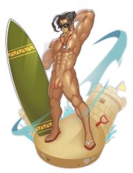 Rule 34 | 1boy, abs, alternate costume, arm behind head, armpits, bara, black-framed eyewear, black hair, completely nude, dark-skinned male, dark skin, dragalia lost, flaccid, full body, highres, holding, holding surfboard, large pectorals, looking at viewer, male focus, muscular, muscular male, navel, nipples, nude, pectorals, penis, ranzal (dragalia lost), sand, sand castle, sand sculpture, short hair, solo, stomach, sunglasses, surfboard, uchu (uchuuux), uncensored, whistle, whistle around neck