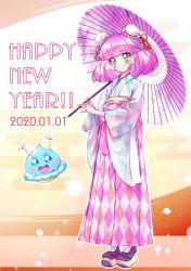 Rule 34 | 1girl, 2020, absurdres, aqua eyes, blush, blush stickers, braid, closed mouth, commentary request, crown braid, dated, double bun, earrings, full body, green eyes, hand fan, happy new year, highres, holding, holding umbrella, japanese clothes, japanese flag, jewelry, kimono, kyoutsuugengo, mao (precure), new year, oil-paper umbrella, open mouth, paper fan, pearl earrings, pink hair, precure, prunce (precure), shoes, smile, star twinkle precure, umbrella, yuni (precure)